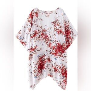 VICI Sheer Red & White Floral Kimono or Swim Coverup OS